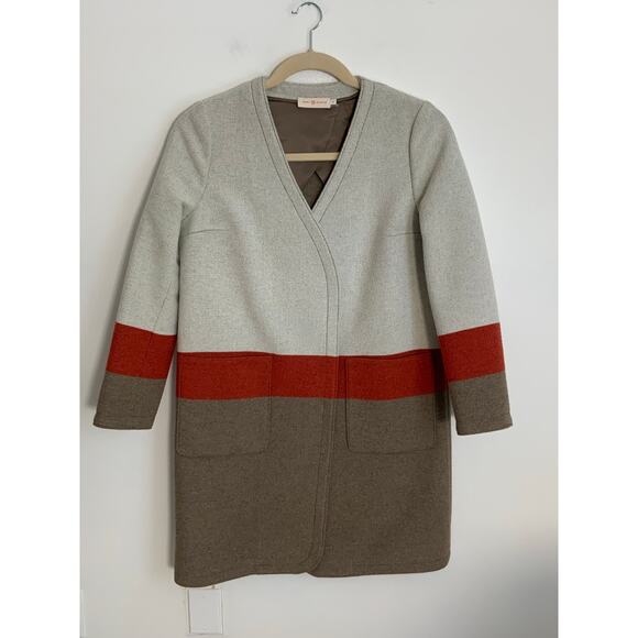 Tory Burch Wool Blend Grey Brown Orange Color Block Coat size 10 - Picture 1 of 7